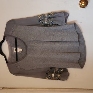 Beautiful cotton shirt with sheer, loose, 3/4 floral embroidered sleeves